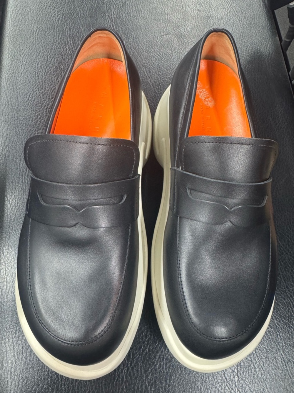 Marni Black Leather Slip-On Loafers with Orange Insole and Cream Sole!